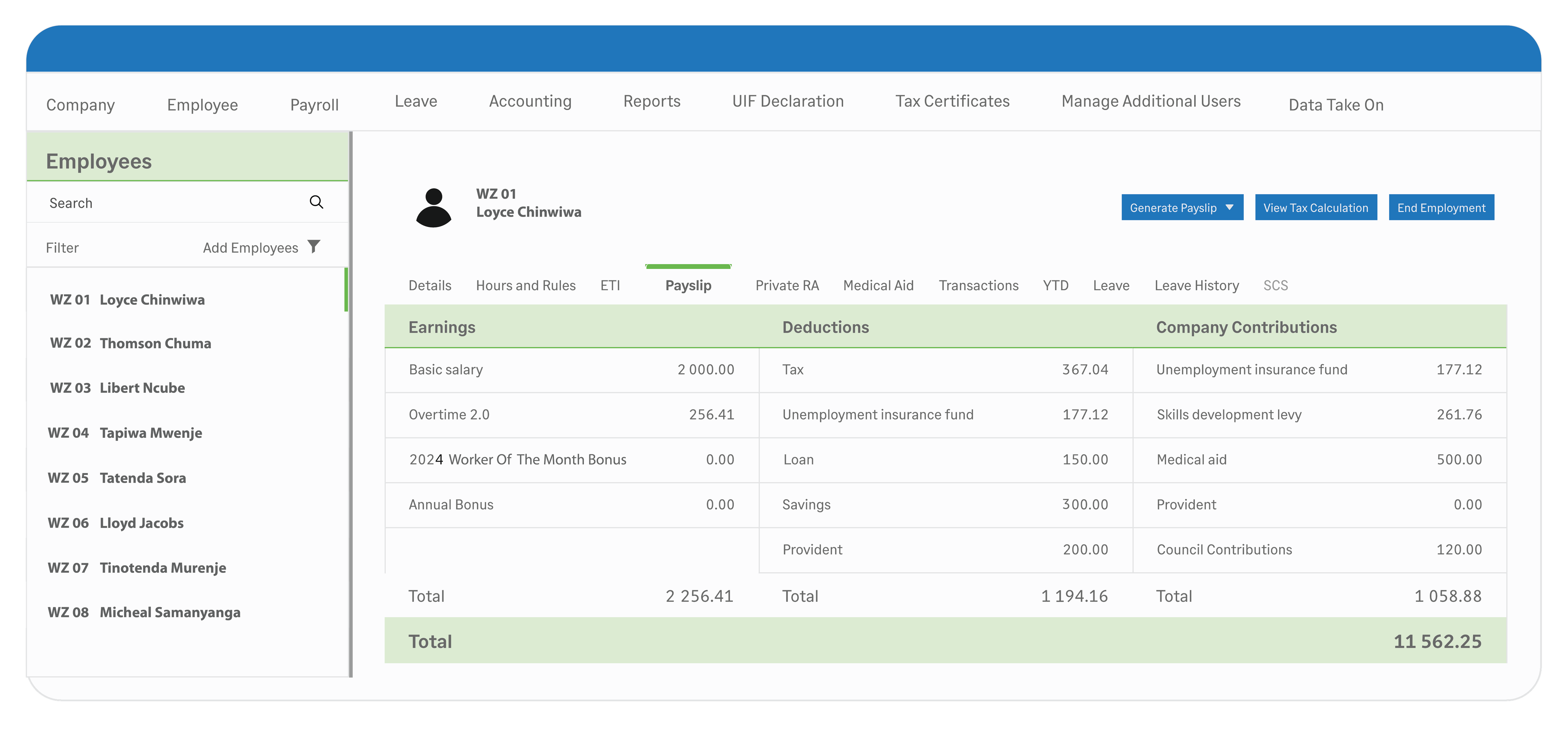 Workzuite payroll processing screen showing steps